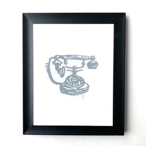 Grey antique rotary telephone linocut print 8x10 Vintage wall art
