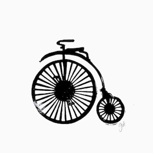 Black penny farthing linocut print - Bicycle linoleum block print - 8x10 hand pressed linoprint poster of an antique bike - Minimal wall art