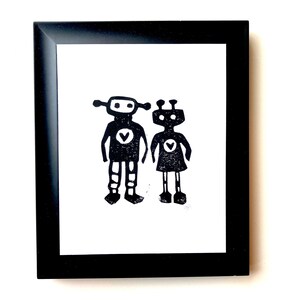 Robots in love - Sweet minimal hand-pressed linocut print - Anniversary poster 8x10 - Black linoleum block linoprint - relief printmaking