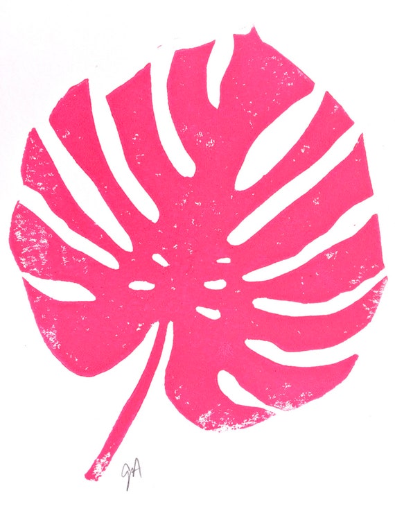 Hot Pink Monstera Leaf - Hand-pressed Minimal Linoleum Block Print