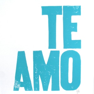 Te amo letterpress poster in light blue - 8x10 typography valentine poster - Baby blue I love you wall art - Linoleum block print - Linocut