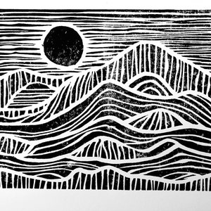 Linoleum block print Sunrise on the mountains Minimal black 8x10 geometric Scandinavian linocut print sunset on the mountains and sea image 1