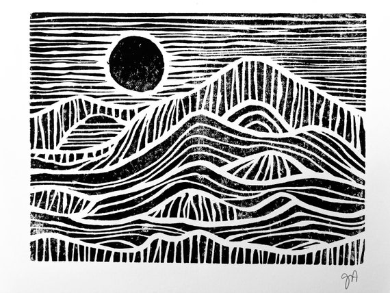 Linoleum Block Print Sunrise on the Mountains Minimal Black 8x10