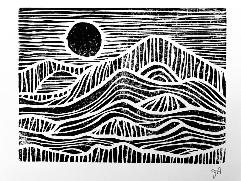 Linoleum block print Sunrise on the mountains Minimal black 8x10 geometric Scandinavian linocut print sunset on the mountains and sea image 1