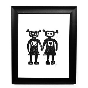 Lesbian Robots in love - Sweet minimal hand-pressed linocut print - LGBTQ art - Linoleum block relief print  - Holding hands wall art