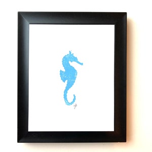 Minimal sky blue Seahorse Linoleum block print 8x10 Minimal gallery wall Marine animal wall art Minimalistic seahorse linocut print image 1