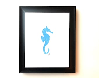 Minimal sky blue Seahorse Linoleum block print 8x10 - Minimal gallery wall - Marine animal wall art - Minimalistic seahorse linocut print