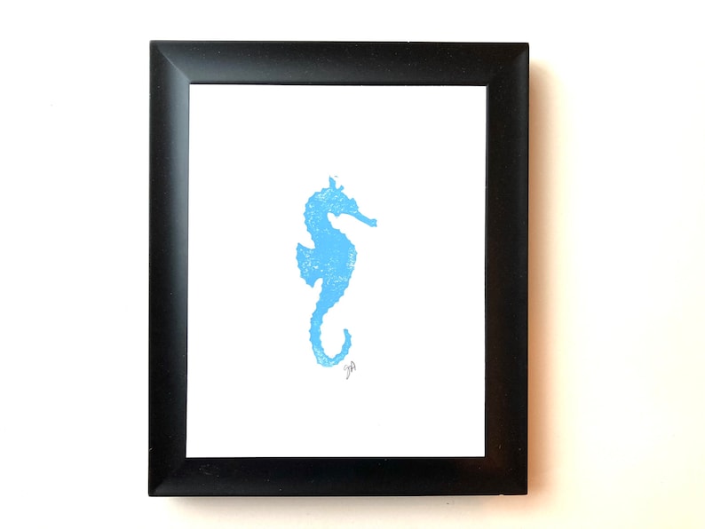 Minimal sky blue Seahorse Linoleum block print 8x10 Minimal gallery wall Marine animal wall art Minimalistic seahorse linocut print image 1