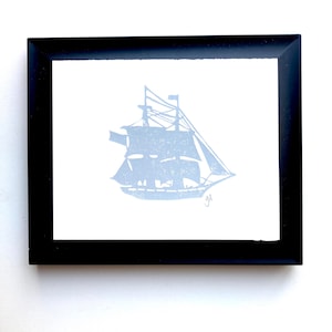 Silver sailboat in the ocean - Hand pulled boat relief print - Linocut poster 8x10 - Pirate ship - Linoleum block print - Silver wall art
