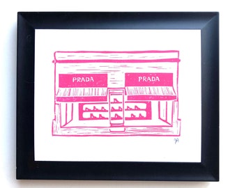 Prada Marfa linocut relief print in hot pink - Block print wall art - Pink wall art installation poster - Hand pulled linoprint relief print