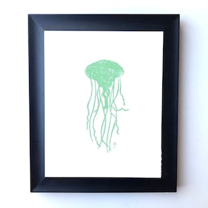 Minimal jellyfish linocut marine poster in sea foam green - Ocean poster - Linoleum block relief print - Sea animals - Mint green wall art