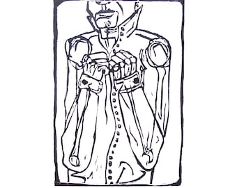 Too many buttons - Black linoleum block print - Relief print portrait 8x10 linocut print - Button up shirt linoprint - Businessman wall art