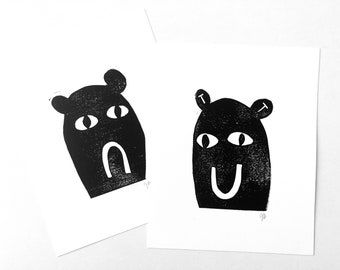 Two prints - Happy Sad Linocuts - Theater poster relief print 8x10 - Linoleum Block Print in black and white - Mental Health art