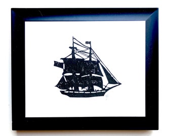 Minimal sailboat linocut relief print - 8x10 wall art - Linocut maritime ship print in black - Pirate ship on the ocean linoleum block print