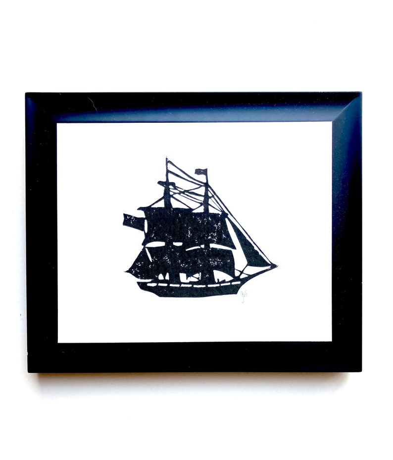 Minimal sailboat linocut relief print 8x10 wall art Linocut maritime ship print in black Pirate ship on the ocean linoleum block print image 1