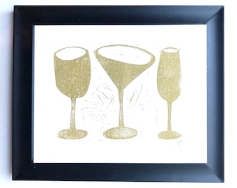 Gold Bar Cart linocut - Hand pulled wine glass, champagne, and martini poster - 8x10 relief print - Metallic bronze liquor print