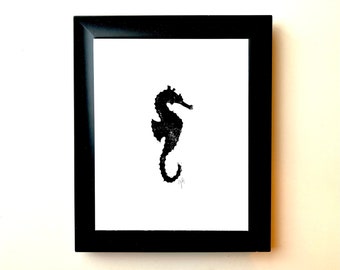 Minimal black seahorse silhouette linocut print - Linoleum block relief print in black - Seahorse wall art - Ocean animals wall art poster