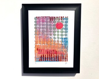 Monoprint - Abstract multi-color relief print - Printmaking 8x10 linocut wall art - Linoleum block modern painting - Landscape travel poster