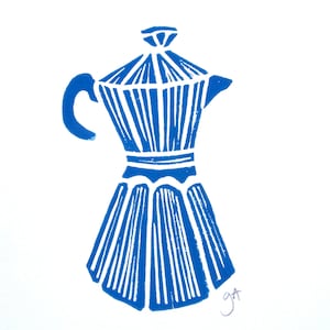 Vintage Espresso Maker - Blue bialetti linocut print - 8x10 Minimal Italian coffee moka pot - letterpress kitchen linoleum block wall art