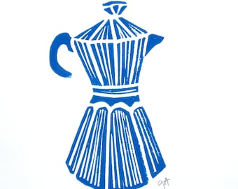 Vintage Espressokocher - Blauer Bialetti Linoldruck - 8x10 Minimal Italienische Kaffee Mokka Kanne - Buchdruck Küche Linolblock Wandkunst