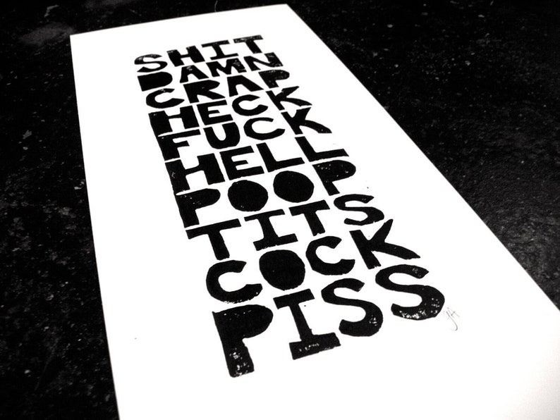 Linocut print - All the bad words - Black cuss word poster 20x10 Linocut relief print - Big hand carved linoleum block print poster - Lino Bild 2