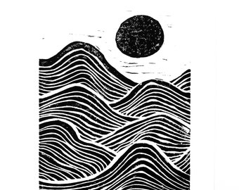 Linoleum block print - Sunrise and Sunset - Minimal black 8x10 geometric Scandinavian linocut print of the ocean