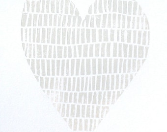 Heart - I love you - Linocut heart block print - light metallic silver valentine poster - Valentine linoleum block relief print wall art