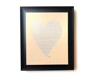 Metallic silver heart print on kraft paper - Linocut print - Minimal wall art - Valentine poster - Anniversary gift - Linoleum block print