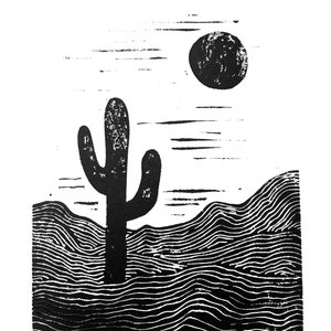 Saguaro Cactus - Arizona Sonoran Desert -  Hand-pressed linoleum block print - Wood block linocut  in black - Saguaro National Park - Tucson