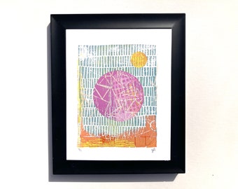 Monoprint - Abstract planet multi-color relief print - Space poster - 8x10 linocut wall art - Blue Linoleum block modern - Mars moon art