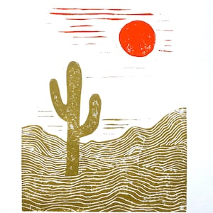 Sonoran Desert linocut print - Saguaro cactus poster - Hand-pressed linoleum block print - Wood block in gold and orange - National Park