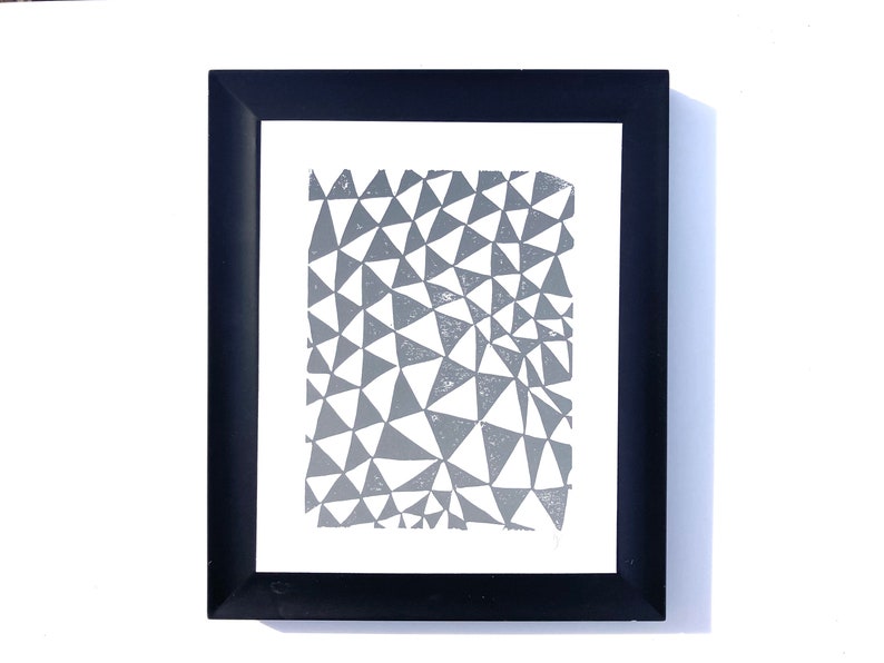 Geometric abstract triangles gray 8x10 Bunting poster Minimal gallery wall art Linoleum block print Linocut relief print linoprint image 1