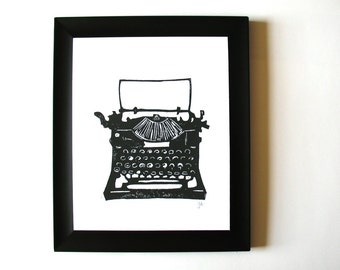 Antique typewriter linocut relief print - Black minimal wall art poster 8x10 - Linoleum block poster - Black hand pulled writer linoprint