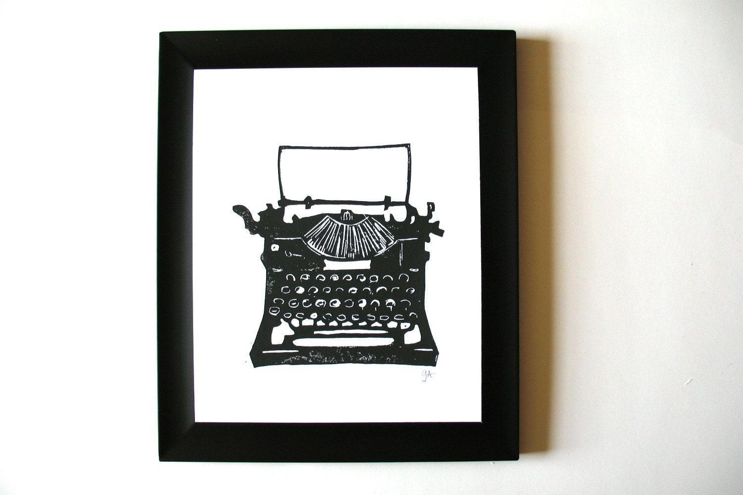 Antique typewriter linocut relief print - Black minimal wall art poster 8x10 - Linoleum block poster - Black hand pulled writer linoprint