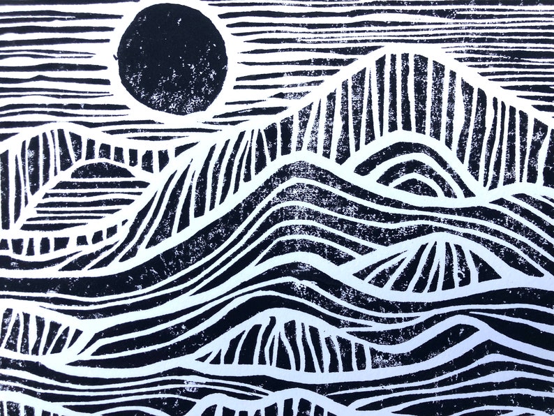 Linoleum block print Sunrise on the mountains Minimal black 8x10 geometric Scandinavian linocut print sunset on the mountains and sea image 3