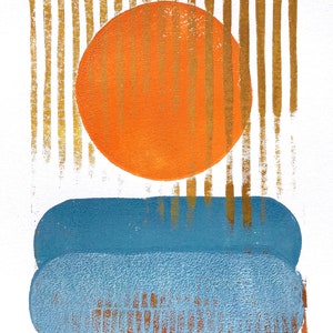 Abstract landscape monoprint of the sun and ocean in orange and blue Hand pulled relief sunset linoprint 8x10 with metallic gold turquoise image 1