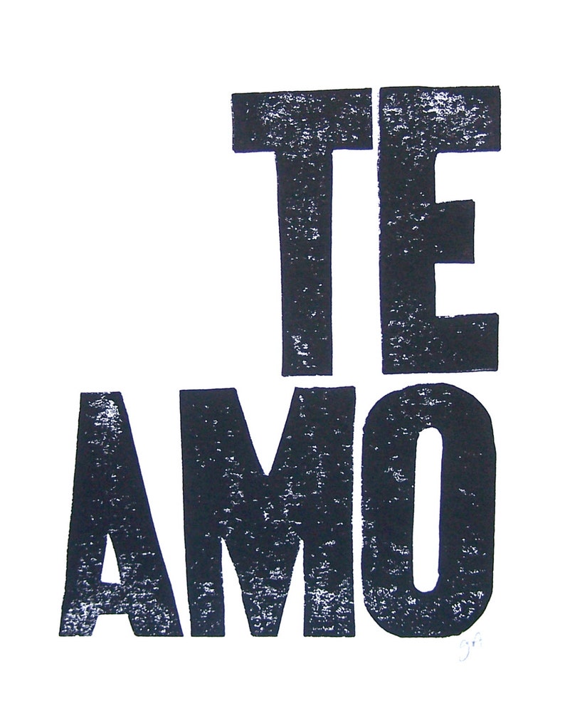 LINOCUT PRINT Te amo means I love you LETTERPRESS black typography valentine Spanish linoleum block relief poster 8x10 Linoprint wall art image 1