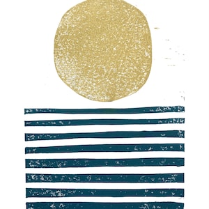 Sunrise / Sunset on the ocean - Minimal gold and navy blue 8x10 geometric linocut landscape print - Linoleum block relief print wall art image 1