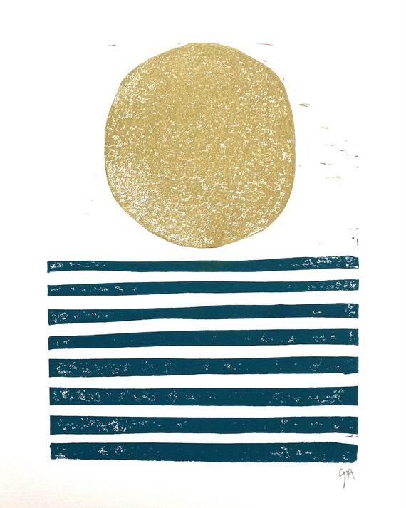 Sunrise / Sunset on the ocean - Minimal gold and navy blue 8x10 geometric linocut landscape print - Linoleum block relief print wall art