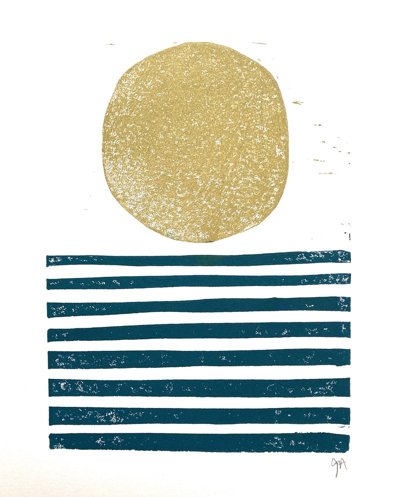Sunrise / Sunset on the ocean - Minimal gold and navy blue 8x10 geometric linocut landscape print - Linoleum block relief print wall art image 1