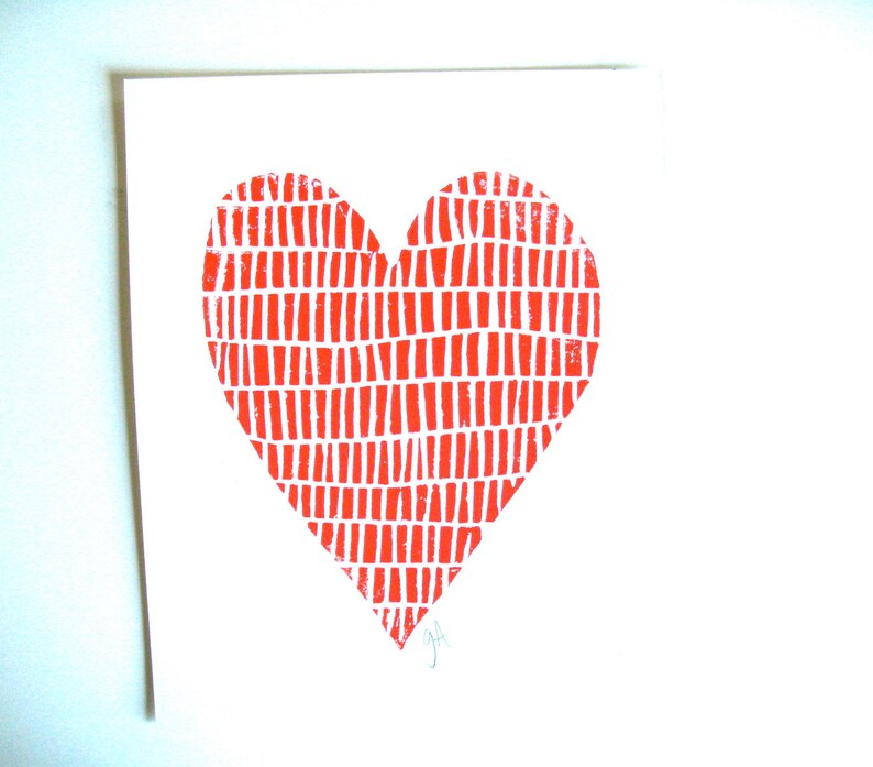 Red heart linocut print Minimal wall art 8x10 letterpress block print Hand pulled relief poster Valentines Day linoprint wall art image 3