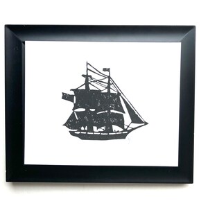 Minimal sailboat linocut relief print 8x10 wall art Linocut maritime ship print in black Pirate ship on the ocean linoleum block print image 4