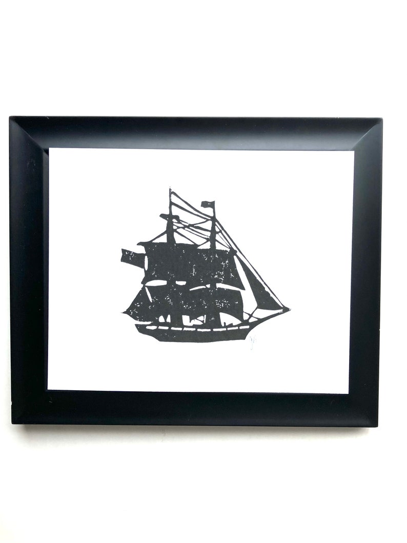 Minimal sailboat linocut relief print 8x10 wall art Linocut maritime ship print in black Pirate ship on the ocean linoleum block print image 4