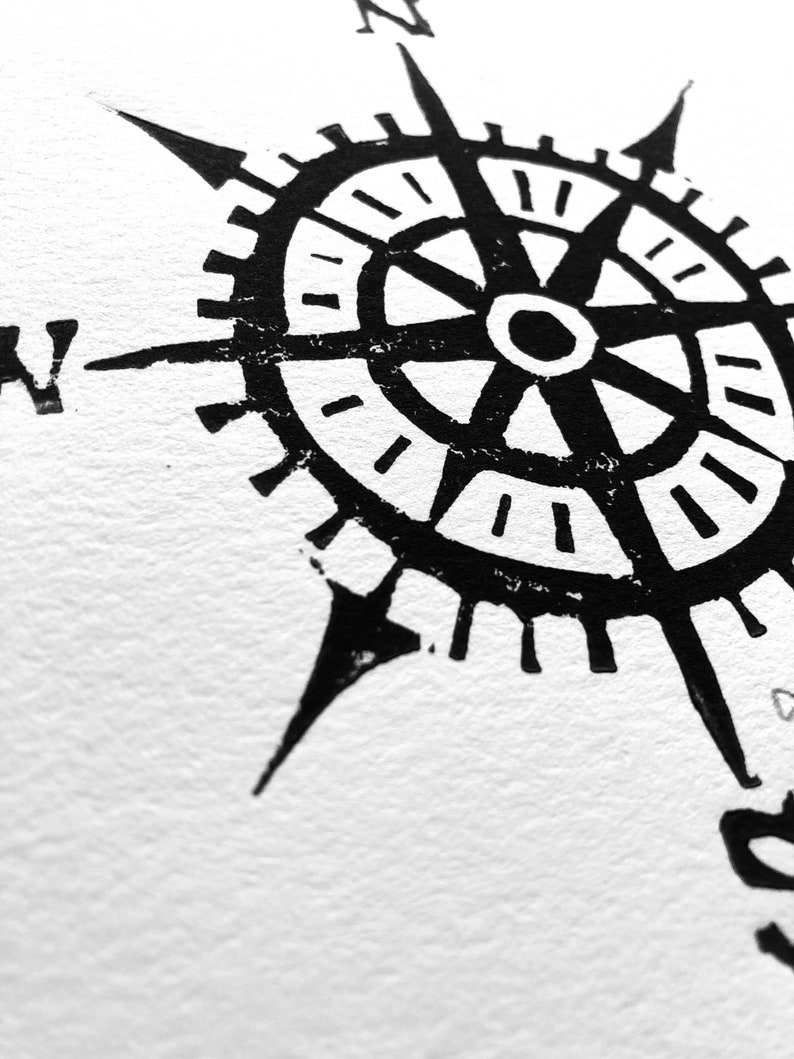 Compass linocut print nautical 8x10 letterpress wall art in black Linoleum block print Hand pulled relief linoprint Pirate wall art image 8