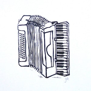 Minimaler Druck - Schwarzes Akkordeon Linoldruck Plakat 8x10 - Musikinstrument Wandkunst - Französisches Bistro - Italienische Musik - Polka - Tejano Musik