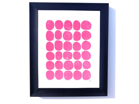 Mid century print - hot pink wall art - linoleum print 8x10 hand-pulled letterpress linocut block print - Minimal polka dot wall art