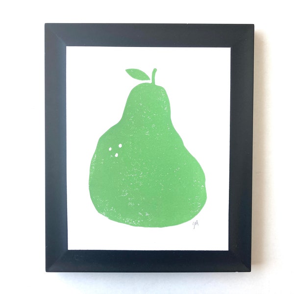 Minimal green pear linocut print - 8x10 kitchen wall linoleum block print - Kitchen wall art - Mid Century Kitchen poster - fruit linoprint