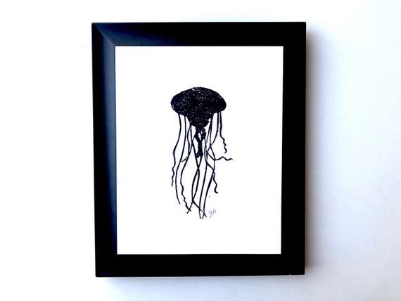 Black jellyfish silhouette ocean animal poster 8x10 - minimal wall art - Linocut relief print - Linoleum block relief print - Linoprint art