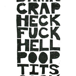 Linocut print - All the bad words - Black cuss word poster 20x10 Linocut relief print - Big hand carved linoleum block print poster - Lino Bild 1