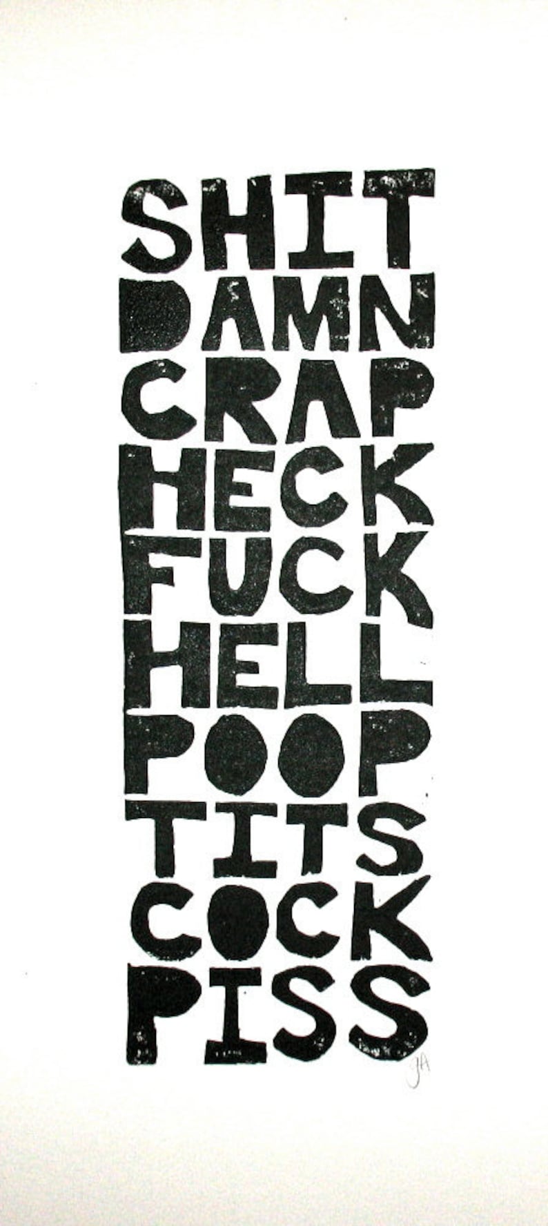 Linocut print - All the bad words - Black cuss word poster 20x10 Linocut relief print - Big hand carved linoleum block print poster - Lino Bild 1